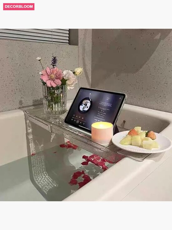 Other - Expandable Bath Tray with Wine and Book Holder - Acrylic Bathtub Caddy Shelf
